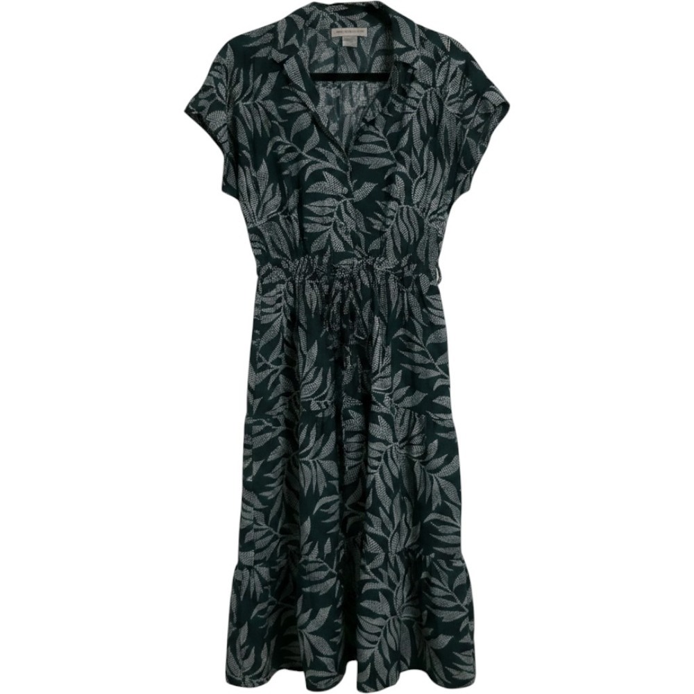 Bold & Chic Womens Midi Dress L Green White Tropical Leaf Tiered Boho Summer